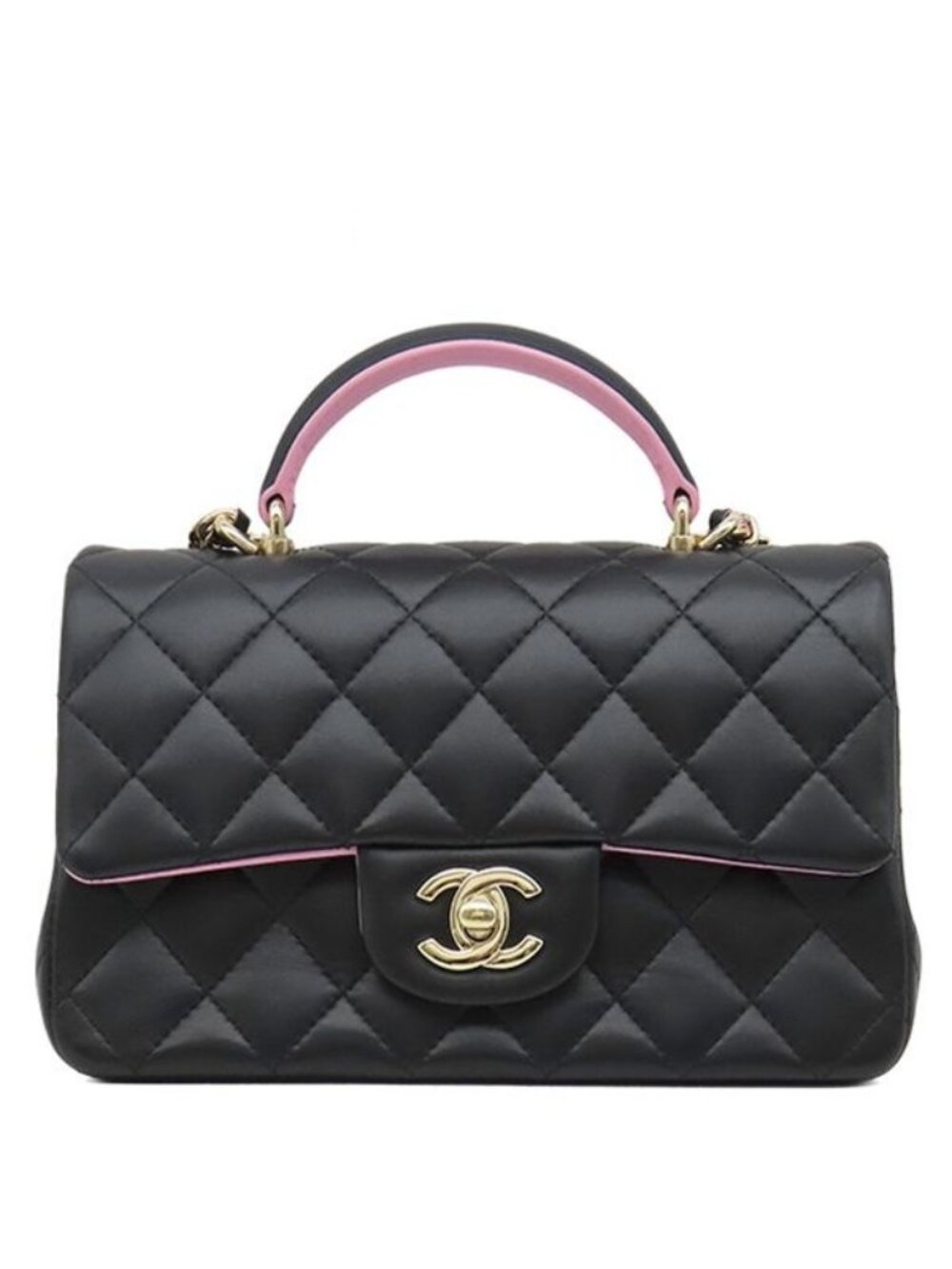 Chanel Shoulder Bag Quilted Top Handle Mini Leather Black Pink Gold Chain